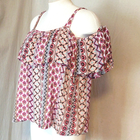 Midnight Sky Cold Shoulder Peasant Top, Colorful Geometric Floral women’s Large - Picture 3 of 10